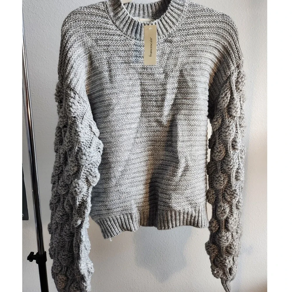 Francesca's Harper Heritage Gray Textured Bubble Sleeve Mock Neck Sweater Size S